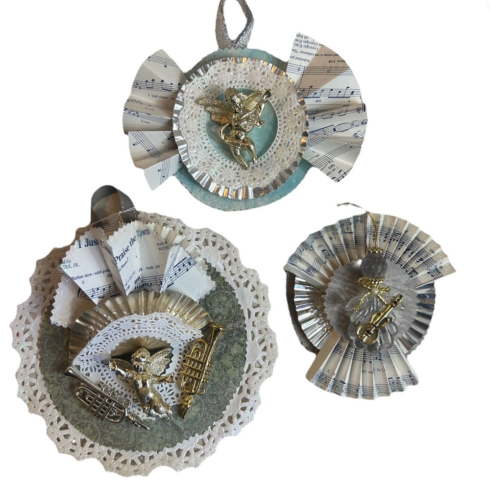 Christmas Ornaments 3 Angels Hand Made Sheet Music Glitter Silver Gold Paper
